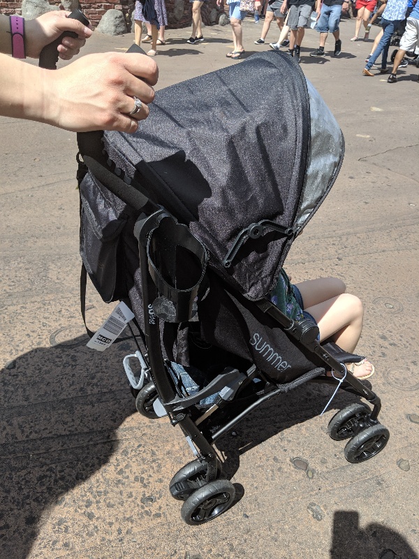 a toddler sits in a stroller while being pushed through Disney World crowds