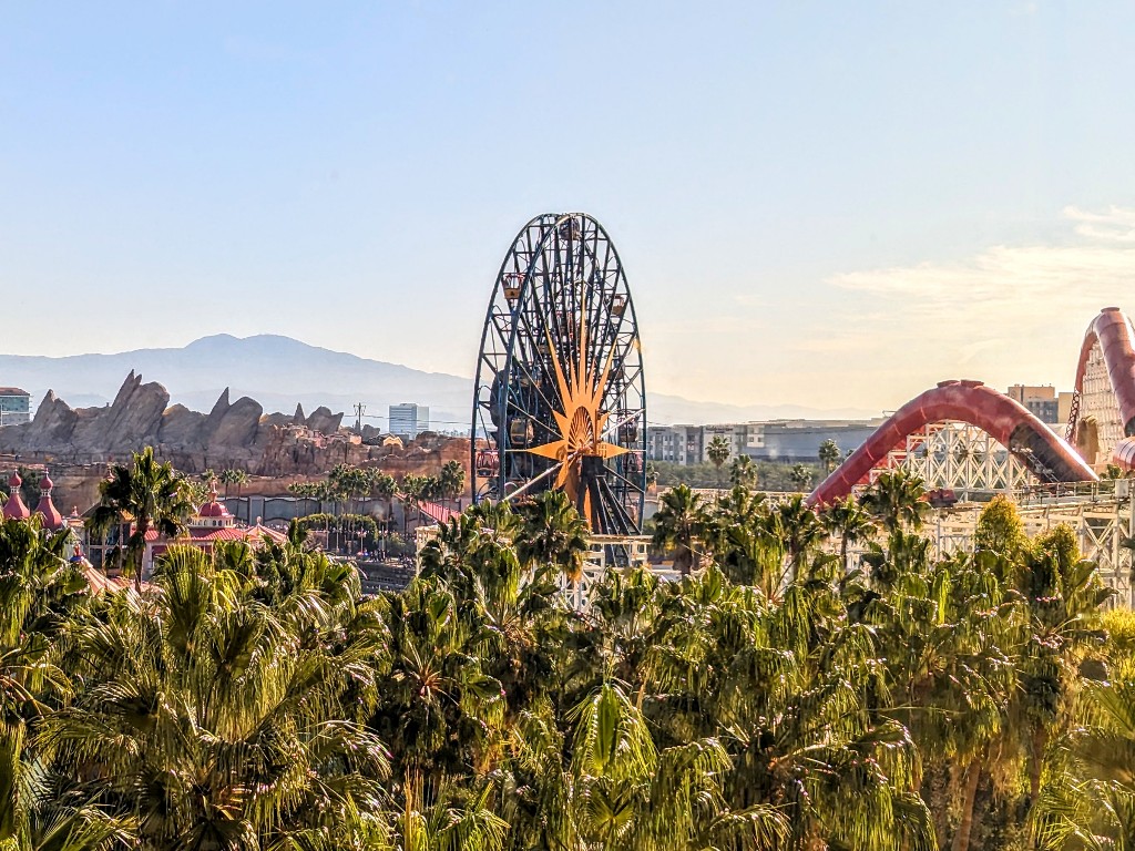 View of iconic Pixar Pal-A-Round and Incredicoaster from Paradise Pier Hotel premium view room 