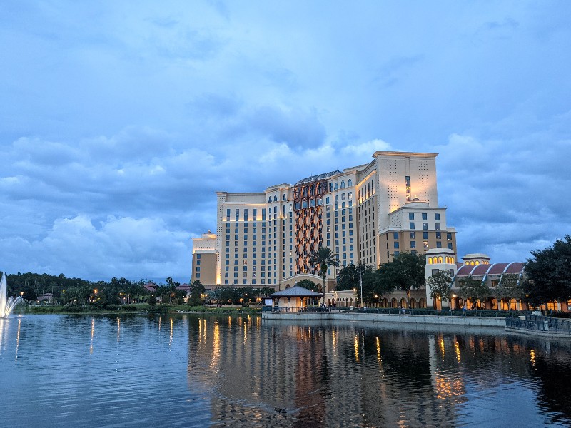 Nighttime view of Disney's Coronado Springs Gran Destino Tower.