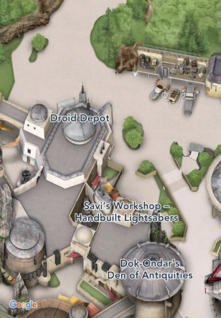 Screen shot of Droid Depot located next to Savi's Workshop in Galaxy's Edge at both Disney World and Disneyland 