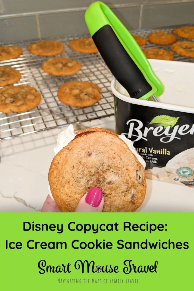 Make your own Disney copycat ice cream cookie sandwich inspired by ones from Disney World's Beaches and Cream with this chocolate chip cookie recipe. #disneycopycatrecipe #disneytreats #icecreamsandwich