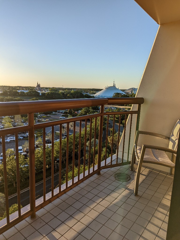 Sunset views of Magic Kingdom and Space Mountain from a Disney's Contemporary Main Tower balcony