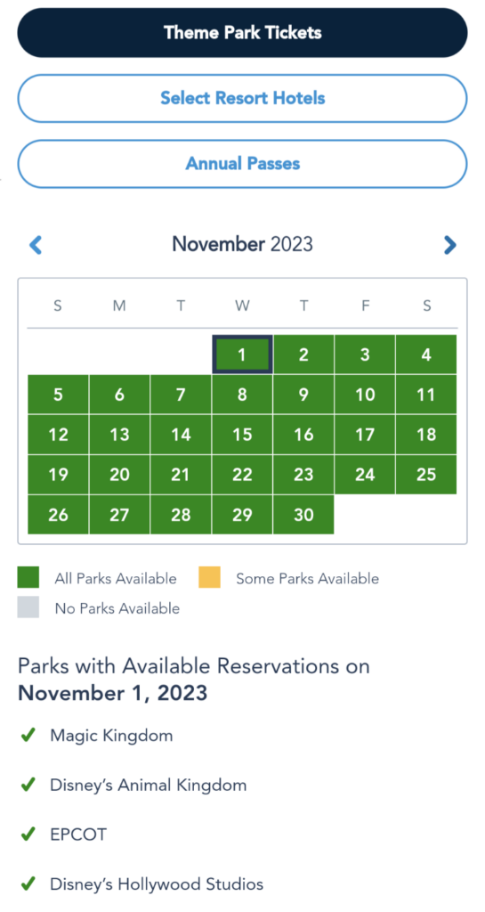 Picture of Disney World park reservation availability showing green for all days on the calendar.