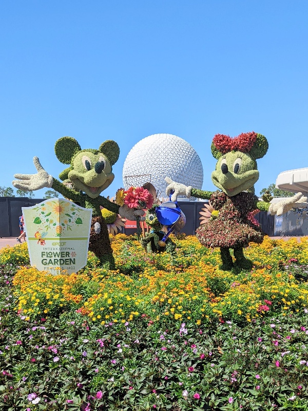 Minnie and Mickey topiaries in front of Spaceship Earth during Epcot Flower and Garden Festival