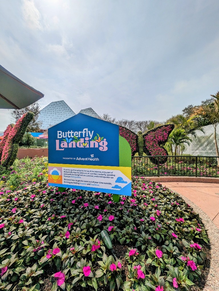 Butterfly Landing sign outside the Epcot Flower and Garden butterfly house with a colorful butterfly topiary in the background