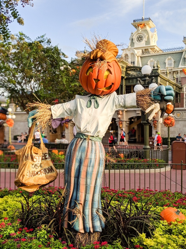 Scarecrow on Main Street USA at Magic Kingdom for Halloween.