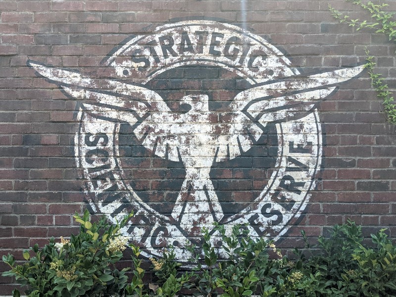 Weathered looking Strategic Scientific Reserve logo in stroller parking at Avengers Campus.