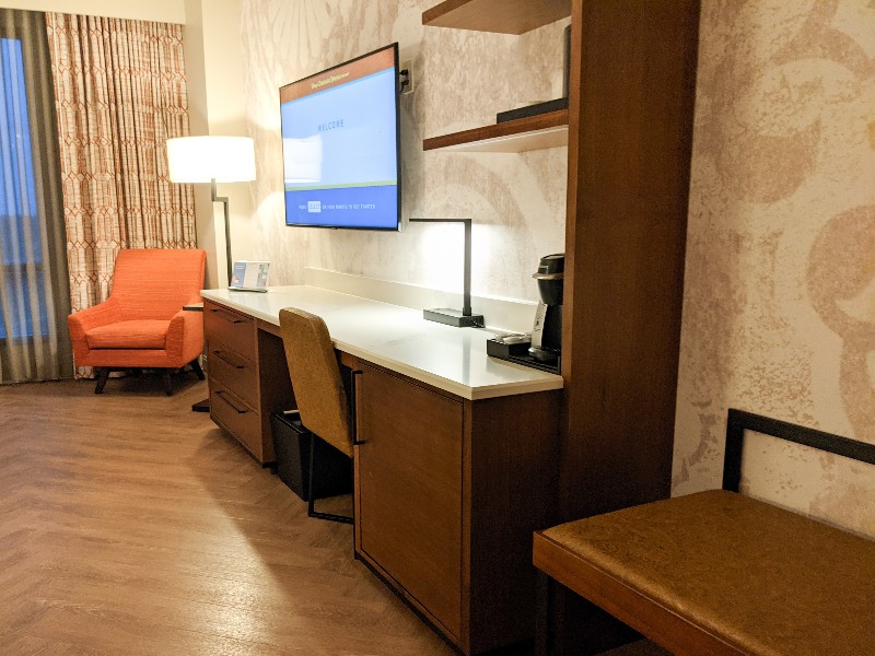 Built in desk with hidden mini fridge and Keurig coffee pot in our Gran Destino Tower water view room.