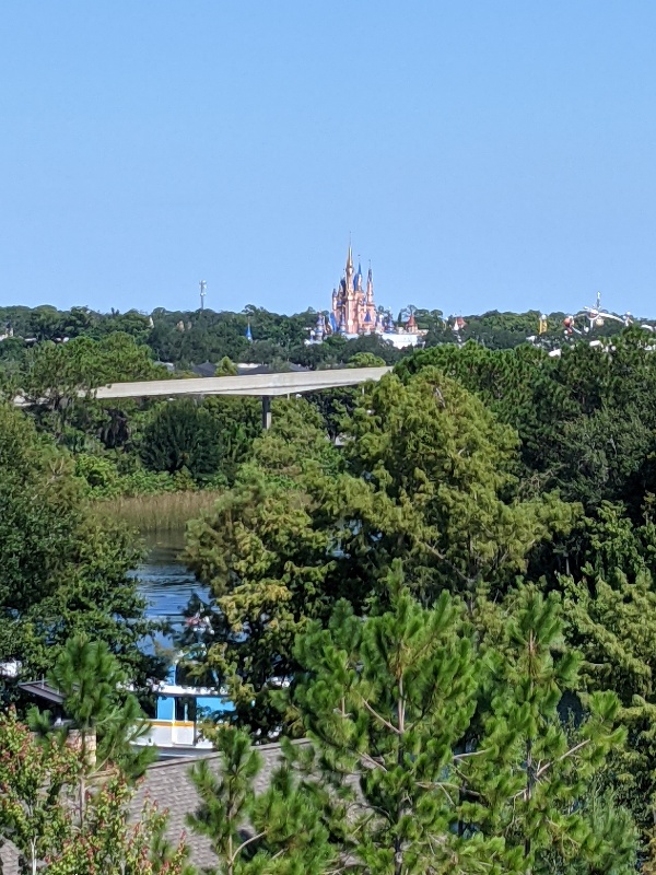 A view of the monorail tracks just below Cinderella Castle from a Disney's Wilderness Lodge Nature View Room