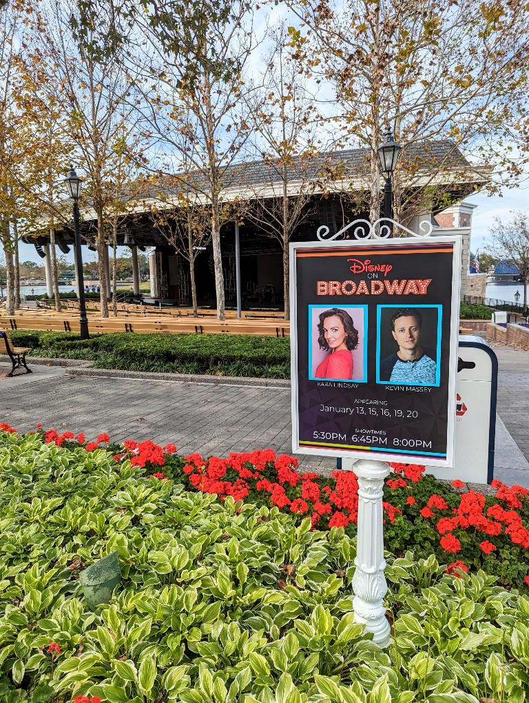 Disney on Broadway sign in front of America Gardens Theater at Epcot