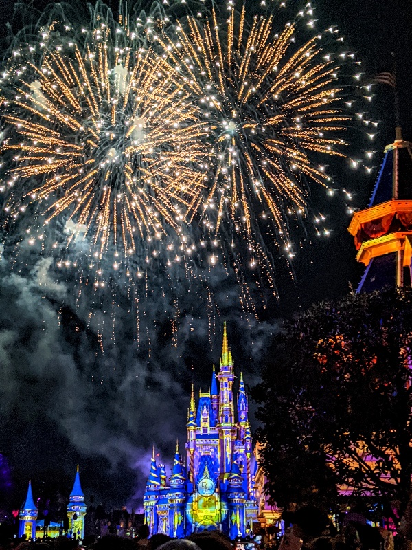 Fireworks sparkle over Cinderella Castle during Disney Enchantment, a new firework show at Magic Kingdom