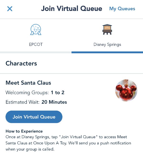 Disney Springs Virtual Queue snapshot