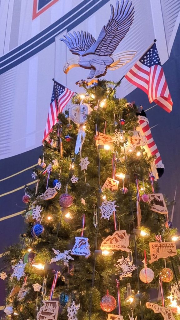 American Christmas tree with wooden ornaments for each state