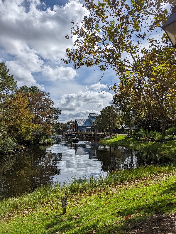 Blue skies above a river at Port Orleans Riverside resort