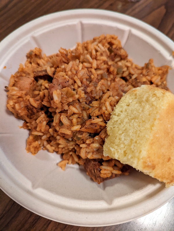 Spicy jambalaya with a side of corn bread from Port Orleans Riverside Mill Food Court