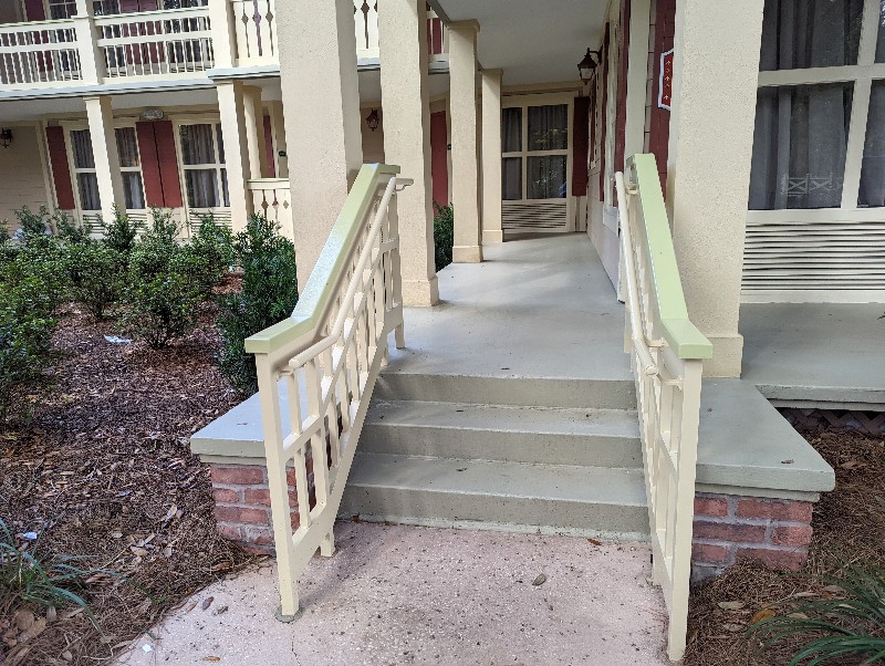 Three steps up onto the first level of rooms at Port Orleans Riverside