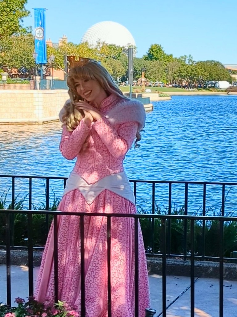 Sleeping Beauty poses at a distance in Epcot's Germany pavilion