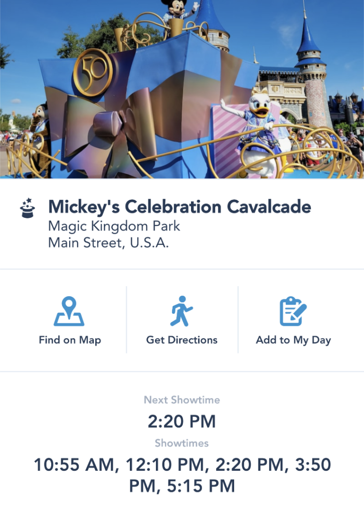 Screenshot of My Disney Experience app showing Mickey's Celebration Cavalcade times