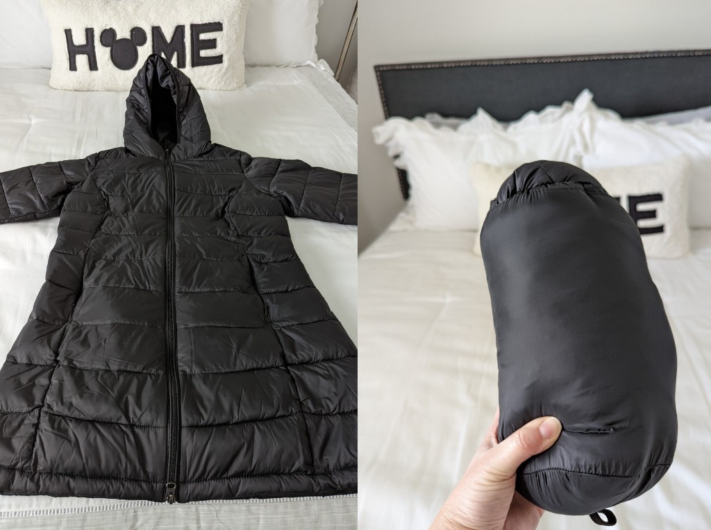 Long adult packable down jacket open and then folded into pouch for travel