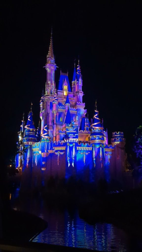 Cinderella castle bathed in blue and light purple lights at night