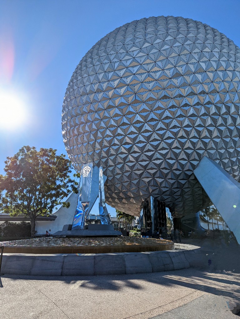 Spaceship Earth sparkles in the sunlight at Epcot