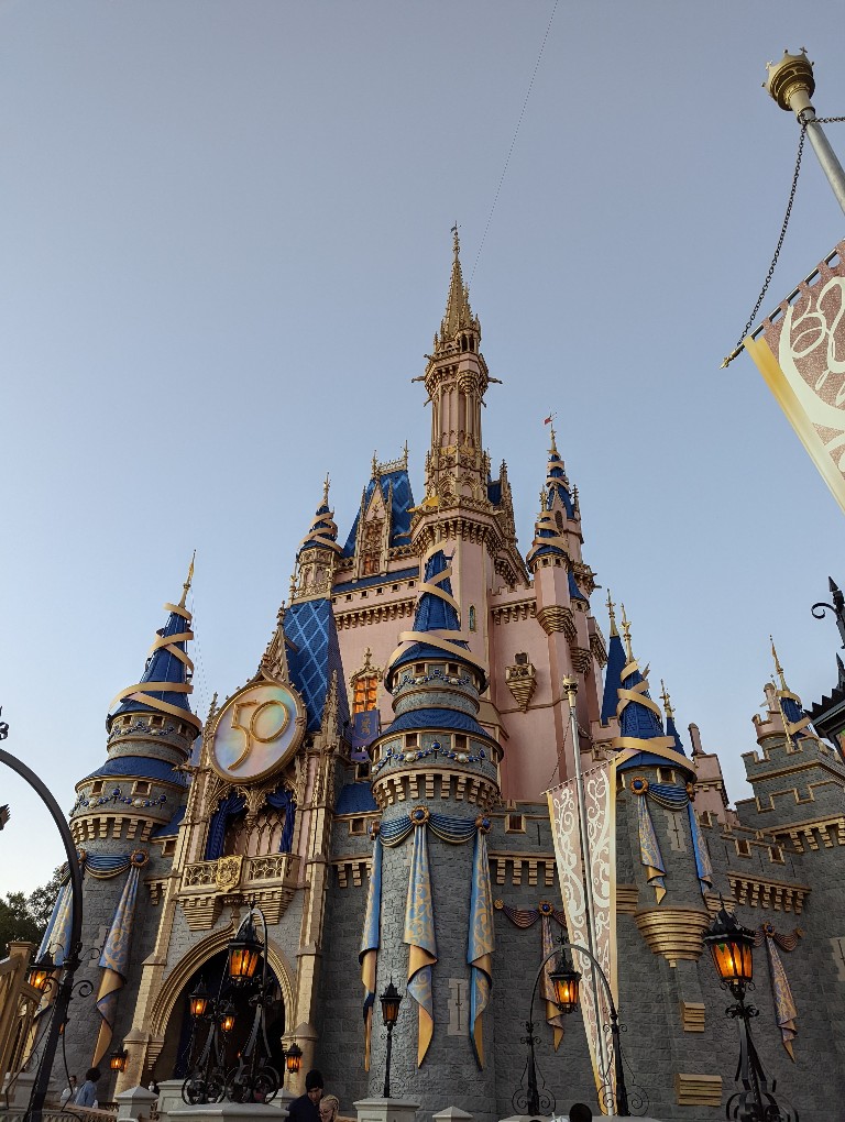 Cinderella Castle adorned in 50th Anniversary decorations