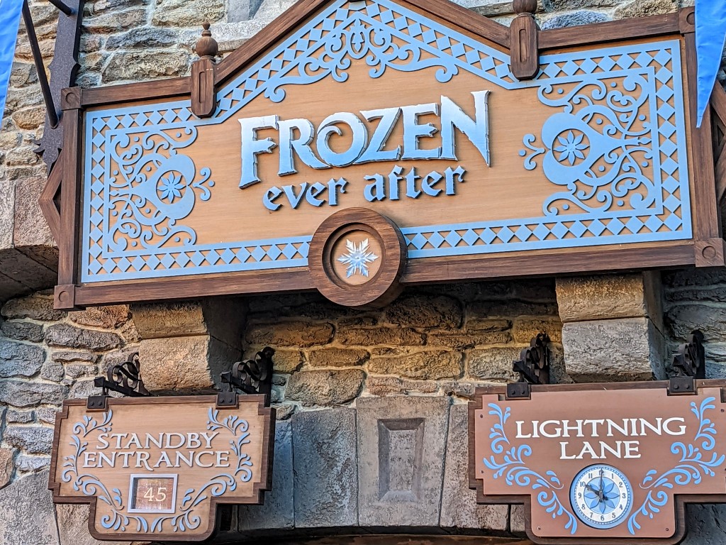 Frozen Ever After Attraction sign with both Standby Wait Time and Lightning Lane access queue