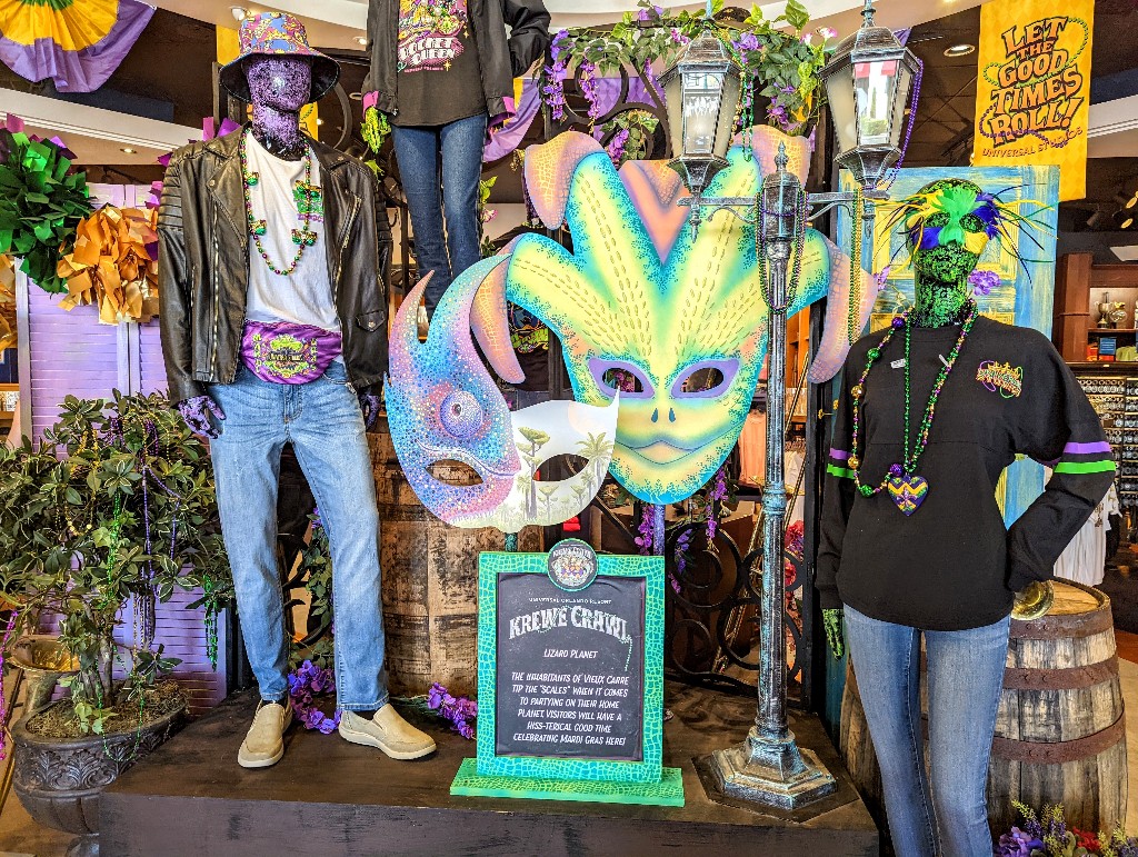 Large Mardi Gras masks for Krewe Crawl scavenger huntinside a store