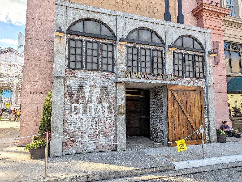A warehouse facade welcomes guests into the Universal Orlando Mardi Gras Tribute Store