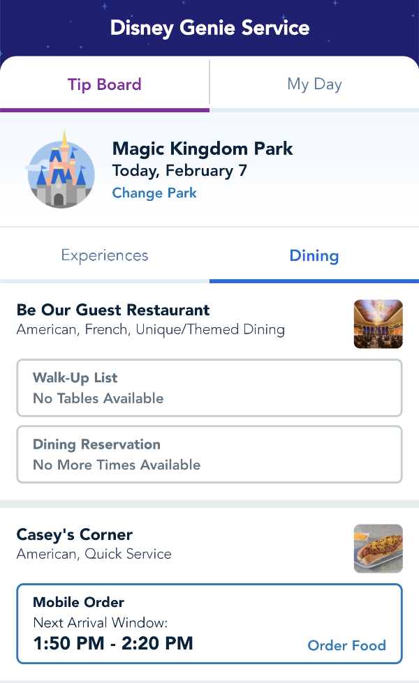 Disney Genie Tip Board Dining tab shows same day walk up and reservation availability