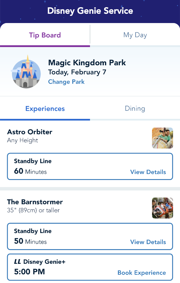Disney Genie Tip Board Experiences tab shows ride wait times plus Lightning Lane availability
