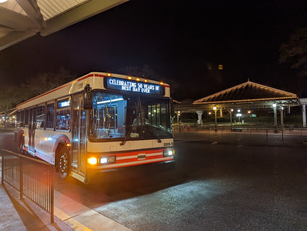 Disney World bus picking up guests after Extended Evening Theme Park Hours