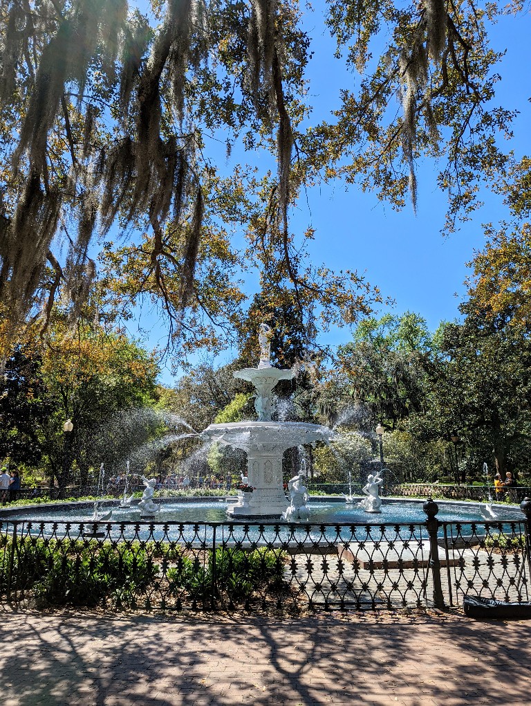Forsyth Park Fountain water glitters in the sunlight