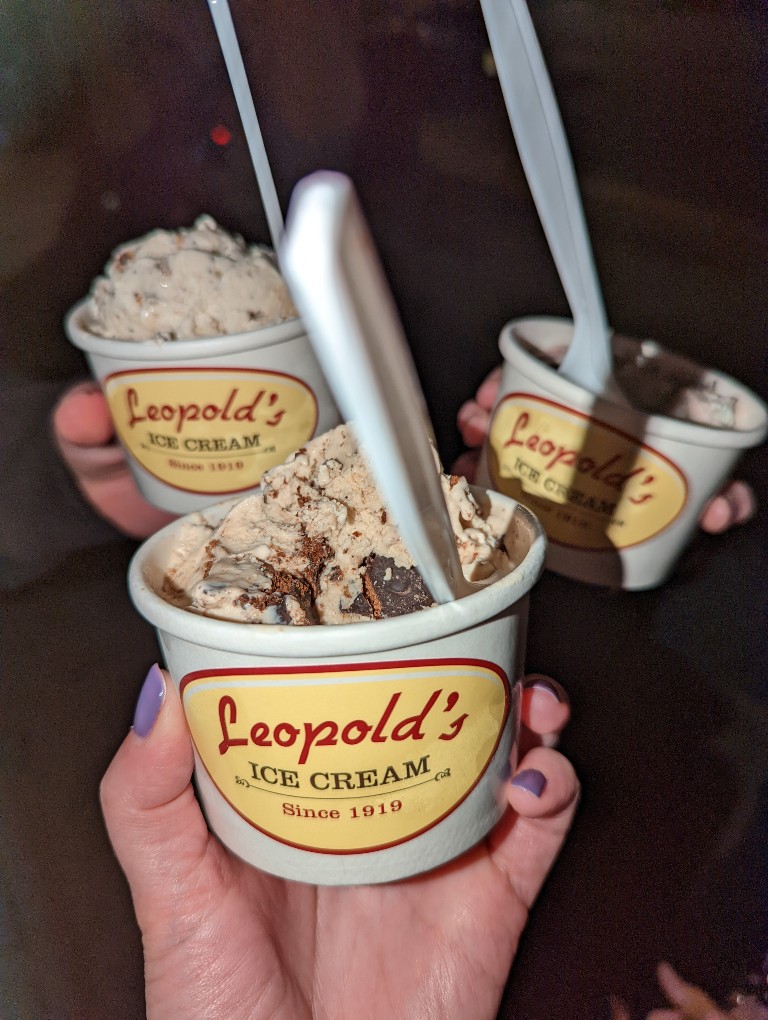 Three cups of Leopold's Ice Cream in Savannah
