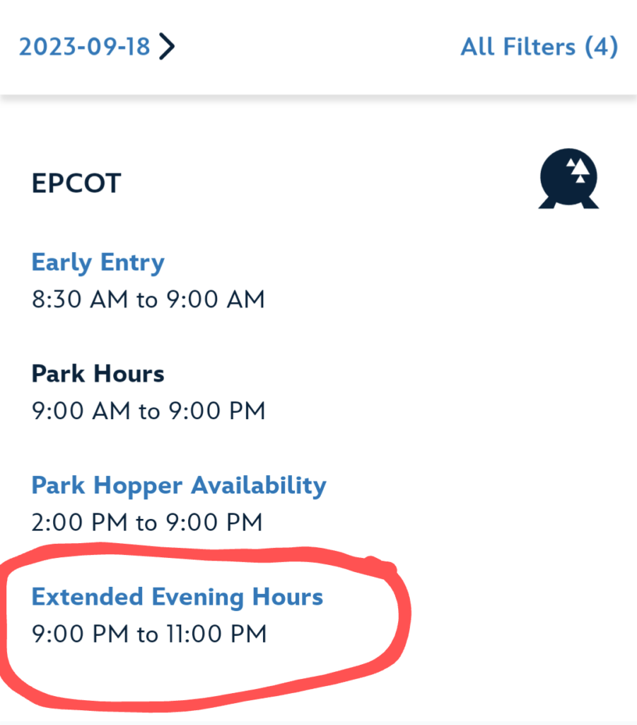 Screenshot of Disney World operating calendar park hours with a red circle around extended evening theme park hours