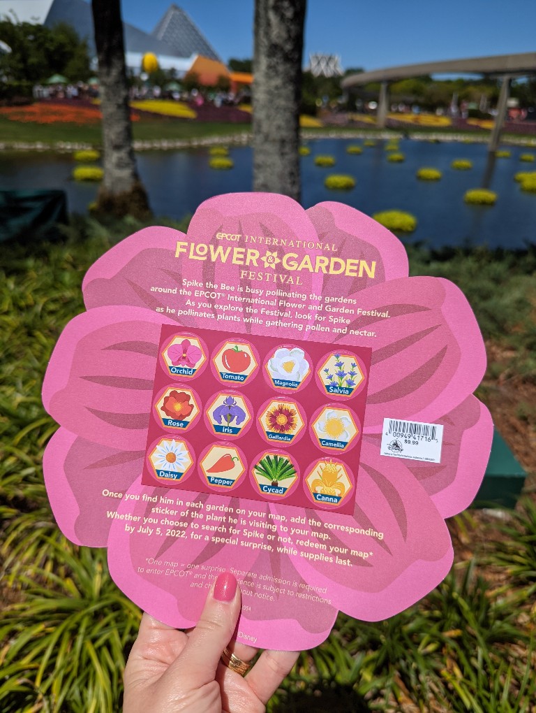 Flower stickers on the back of Epcot Flower and Garden Spike's Pollen-Nation Scavenger Hunt map