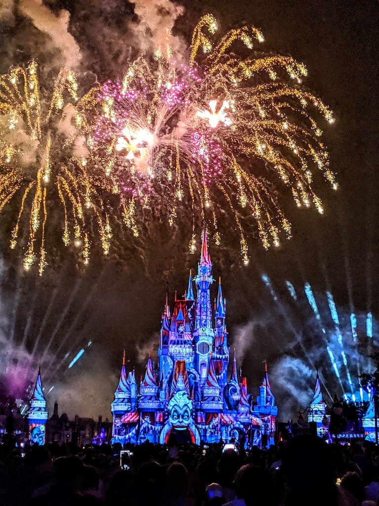 Ursula takes over Cinderella Castle during Mickey's Not So Scary Halloween Party fireworks