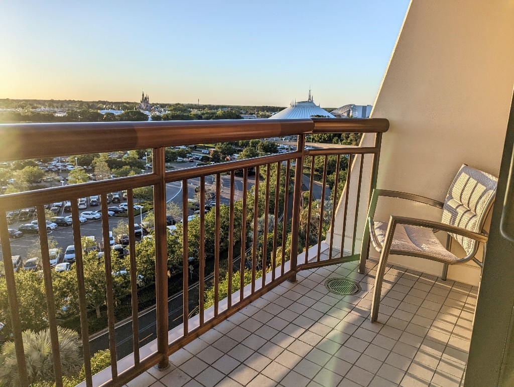 Disney's Contemporary Resort Main Tower Theme Park view overlooking Space Mountain and Cinderella Castle