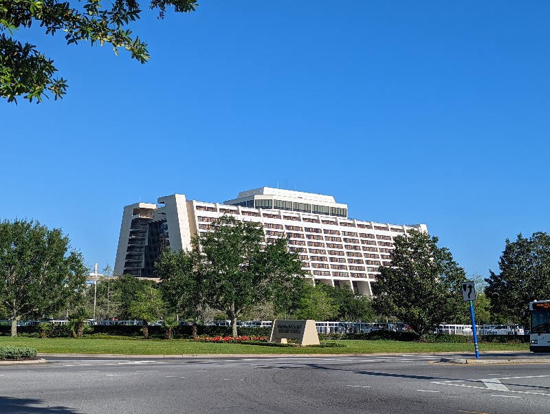 The distinctive A frame form of Disney's Contemporary Resort Main Tower is easily seen from Magic Kingdom