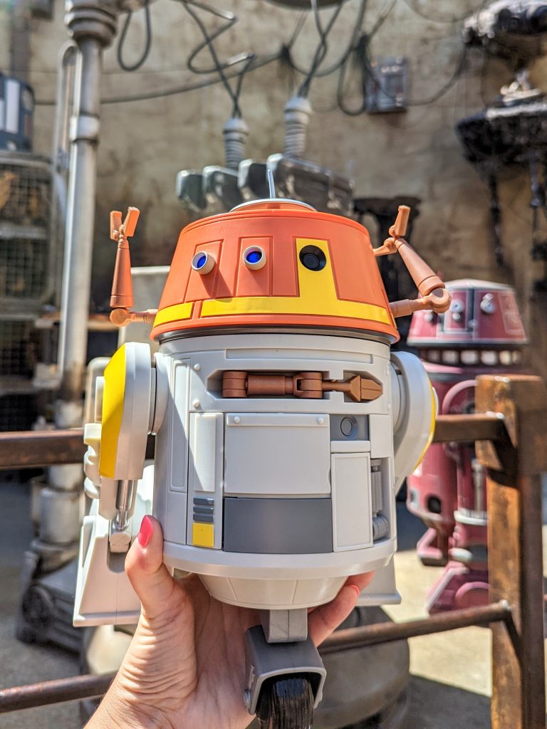 Our C series astromech posing in front of other droids at Galaxy's Edge