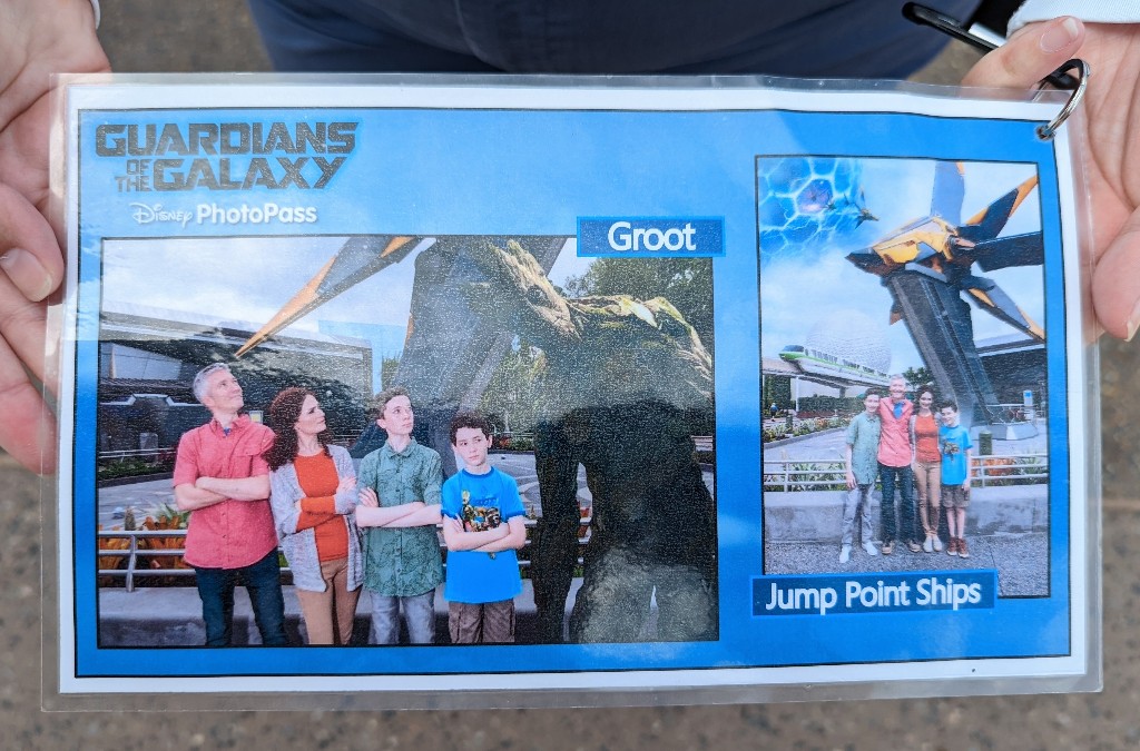 PhotoPass Magic shots with Groot and a jump point behind guests at Guardians of the Galaxy: Cosmic Rewind area at Epcot