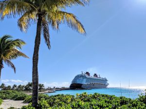The Disney Dream cruise ship framed by palm trees in Castaway Cay