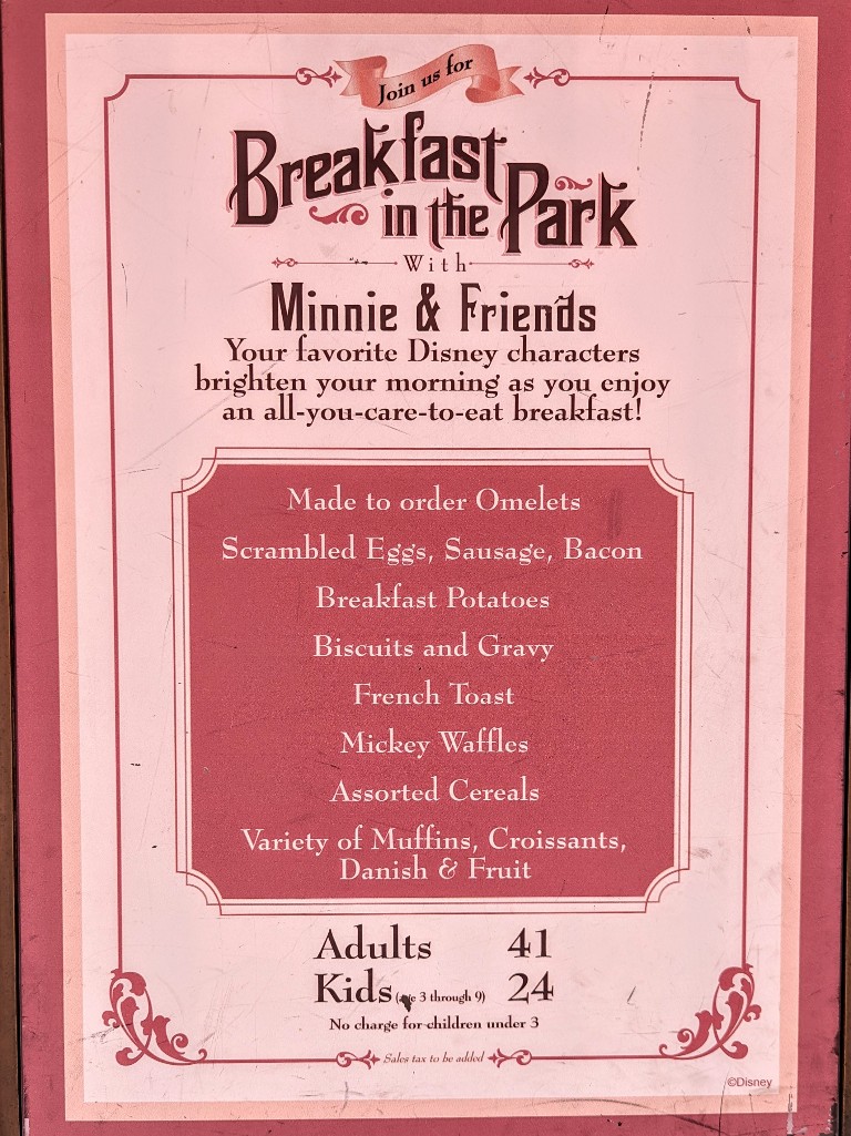 Menu and pricing for Breakfast in the Park with Minnie and Friends