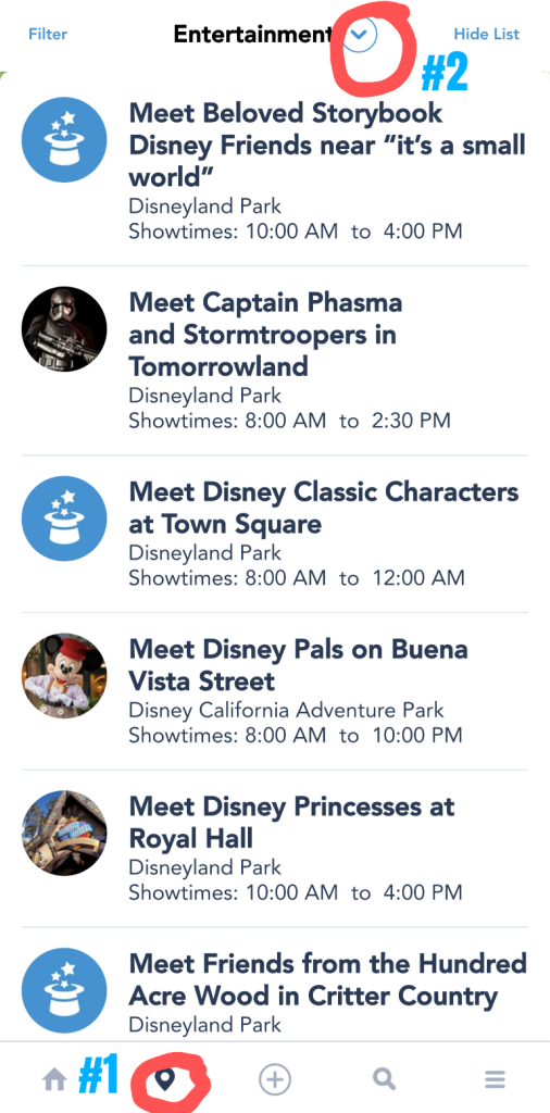 Screenshot of Disneyland app to find Disneyland characters