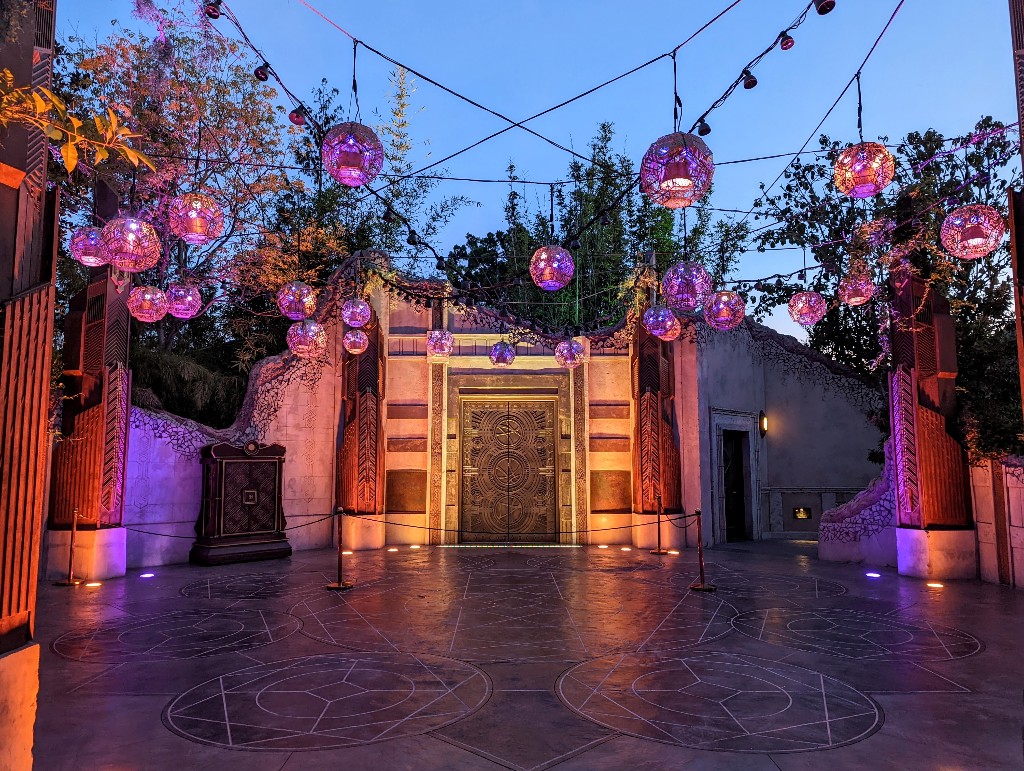 The Ancient Sanctum bathed in soft lights before the start of the Dr. Strange: Mysteries of the Mystic Arts show at Disneyland