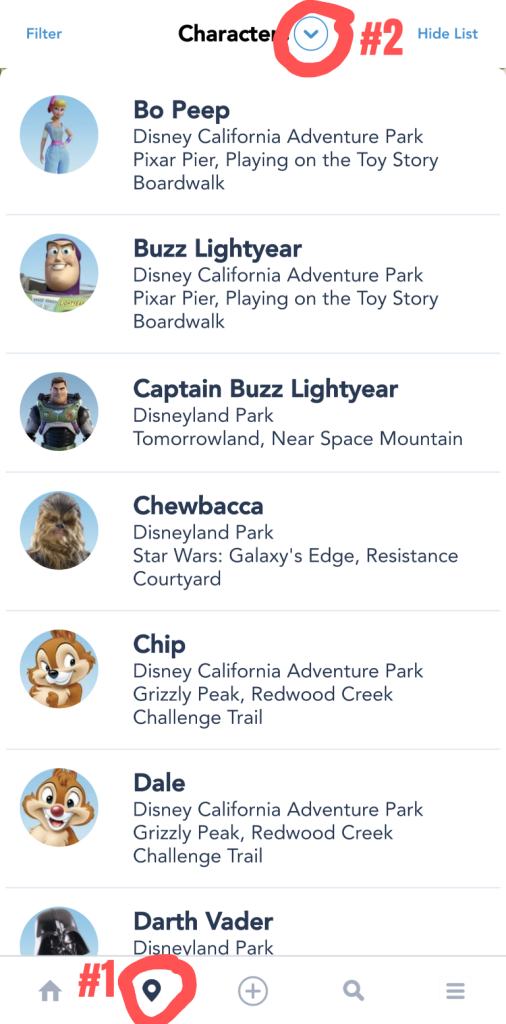 Screenshot of Disneyland app highlighting how to find Disneyland character meet and greets