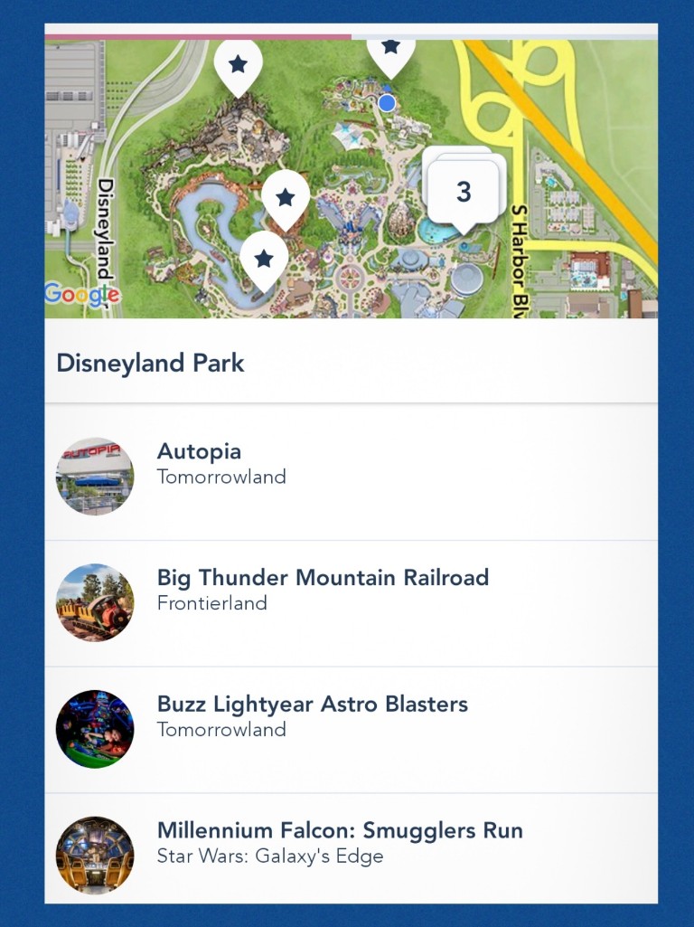 Screenshot of the Disneyland App showing Genie+ Select Experience Lightning Lane options
