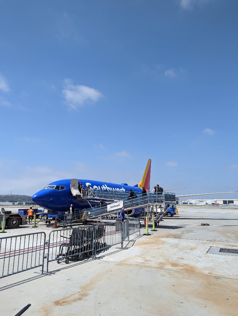 Southwest plane sits on the tarmac at a Disneyland area airport