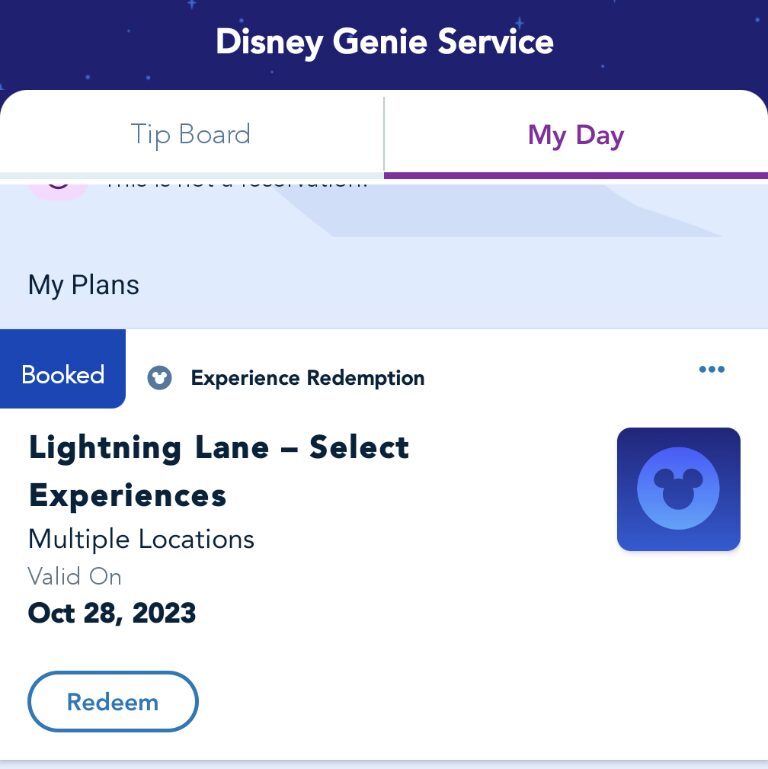 Disneyland app screenshot showing a select experience LL given when a ride breaks down during your LL window