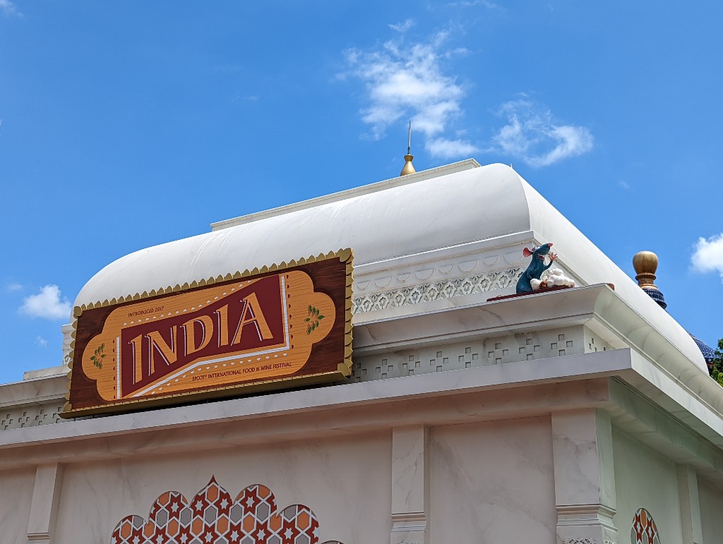 Remy excitedly stands near the India marketplace sign